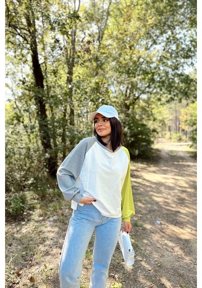 WeShaya Kadın Beyaz Uzun Balon Kol, Yuvarlak Yaka, Kolları Double Color Block Basic Sweatshirt Bluz Beyaz