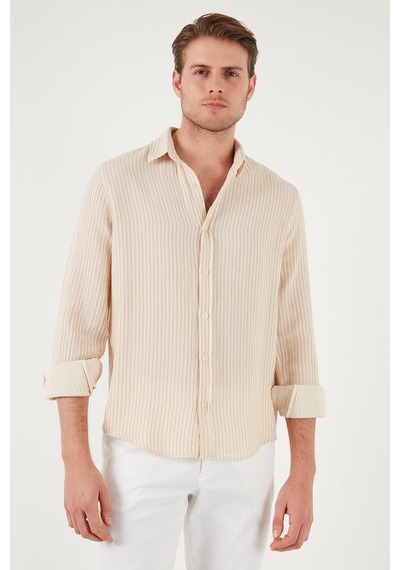 Buratti Çizgili Regular Fit Pamuklu Uzun Kollu Erkek Gömlek Cf25S129721 Vizon