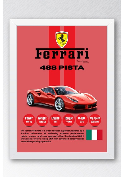 Ferrari 488 Pista Premium Spor Araba Tablosu - Teknik Özellikli İtalyan Otomobil Duvar Dekoru Beyaz
