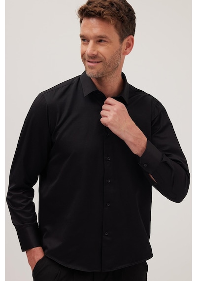 Tudors Erkek Regular Fit Klasik Kesim Pamuklu Düz Siyah Gömlek-35823 Siyah