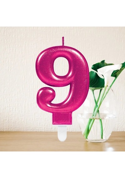 Mum Fuşya Pembe Işıltılı 9 Yaş Mumu Koyu Pembe 8cm Büyük Doğum Günü Mumu 9+
