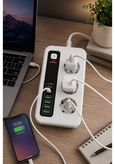 3000w Akıllı 3'lü Priz Usb' Li Uzatma Kablo - 4 Usb + 2 Type-c Hızlı Şarj 2 Mt Uzatma Kablo 2 - 5 M