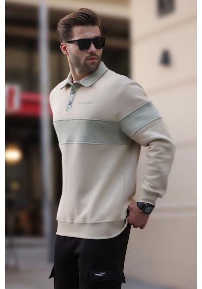 Madmext Bej Polo Yaka Renk Bloklu Erkek Sweatshirt 7072 Bej