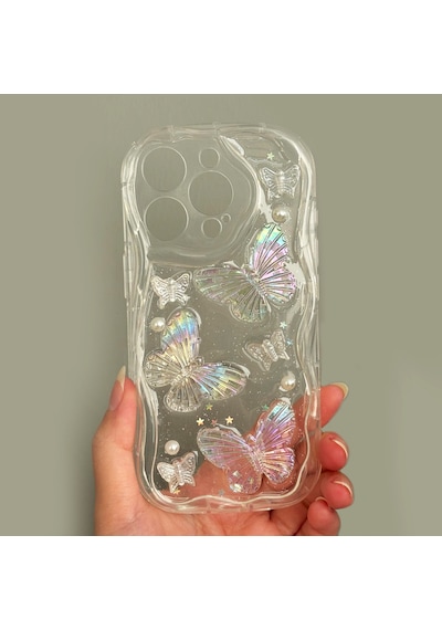 Apple Uyumlu iPhone 15 Pro Max Kılıf 3d Kelebek Desen Kamera Korumalı Şeffaf Silikon Kapak Şeffaf