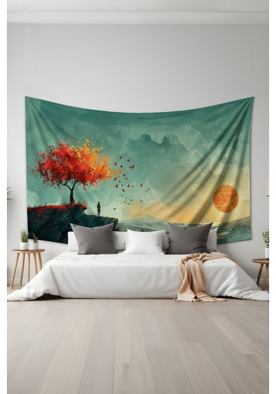 Gün Batımında Yalnızlık Desenli Duvar Halısı Duvar Örtüsü Tapestry Süet Dokulu Kumaş