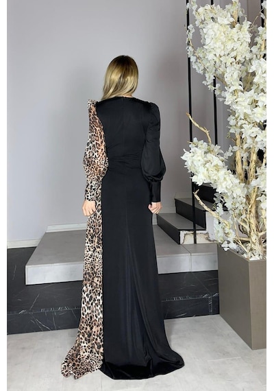 Ges Moda G1296 Leopar Detaylı Tasarım Abiye Elbise Siyah Siyah
