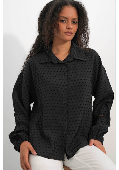 Bigdart Oversize Desenli Siyah Kadın Gömlek 20379