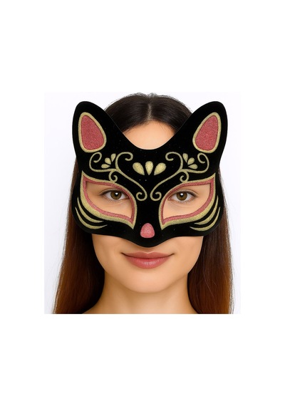 Siyah Renk Süet Kaplama Üzeri Kırmızı Sarı Simli Kedi Maskesi 17x14 Cm Çok Renkli