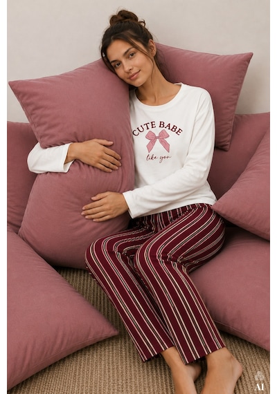Koza İç Giyim Kadın Pamuklu Çizgili Desenli Baskılı Uzun Kollu Pijama Takımı Kk70655 Bordo - Ekru
