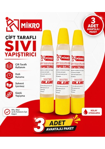 Mikro Çift Taraflı Sıvı Yapıştırıcı 3 Adet Güçlü Yapışma Hızlı Kuruyan Kağıt Karton Ahşap Tutkalı