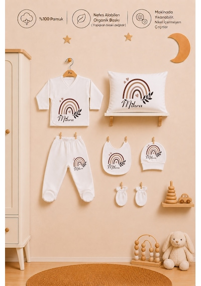 Pia Baby Hastane Çıkışı Kız Bebek 7 Parça Zıbın Seti %100 Pamuk İsme Özel 1088zyb0x Ekru