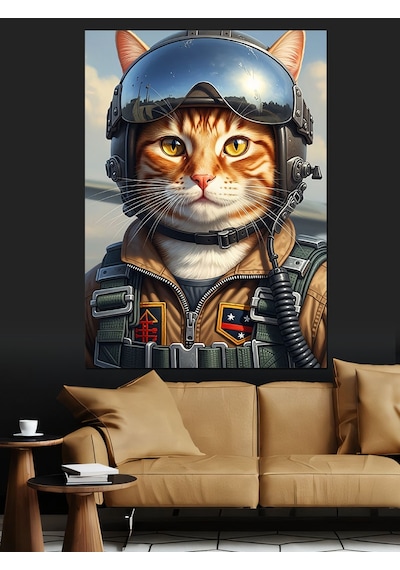 Ahşap Tablo Pilot Kasklı Kedi Portresi