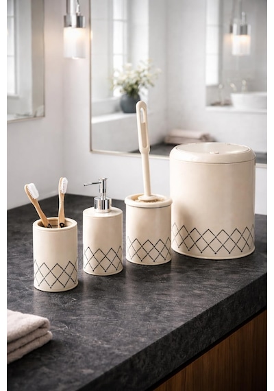 Geometrik Zikzak Desenli 4 Lü Banyo Seti Krem