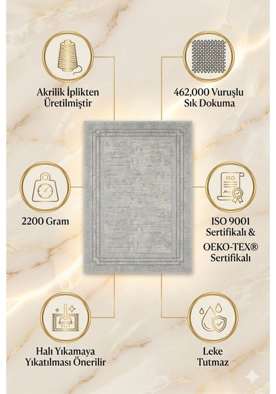 Premium Akrilik Modern Salon Halısı - 462.000 Vuruş Sık Dokuma Leke Tutmaz Seri Gri