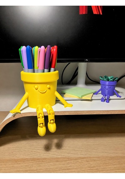 3d Baskı Hareketli Gülen Kalemlik - Eklemli Masaüstü Organizer - Sarı Çok Renkli