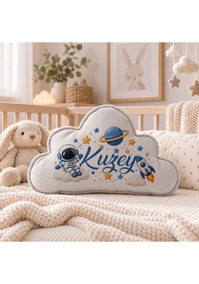 Bk Gift Kişiye Özel İsimli Gri Bulut Yastık-4 - Bebek Ve Çocuk Odası Dekoratif Yastık 34,5x22 Cm