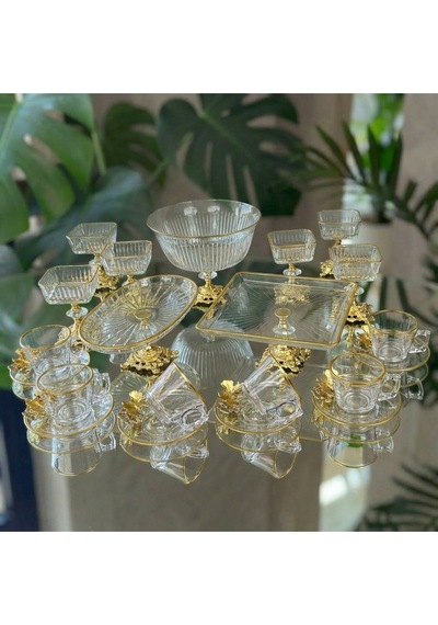 Alfafe Home Paşabahçe Gold Detaylı Metal Ayaklı Sunum Ve Servis Seti Pasta,magnolia,çay Seti,kurabiyelik Sarı