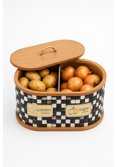 Dekorasyaa 2 Bölmeli Patates Soğanlık - Bambu - Oval Dama Desen Beyaz - Siyah