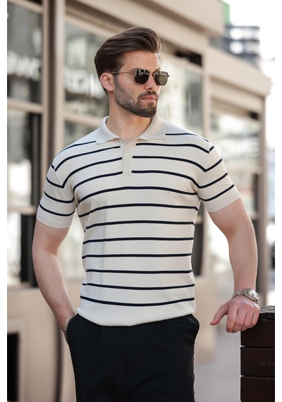 Madmext Bej Çizgili Polo Yaka Erkek T-shirt E7405 Bej