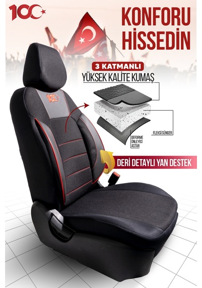 Smrautoaccessory 100. Yıl Özel Serisi Universal Oto Koltuk Kılıfı Siyah - Kırmızı
