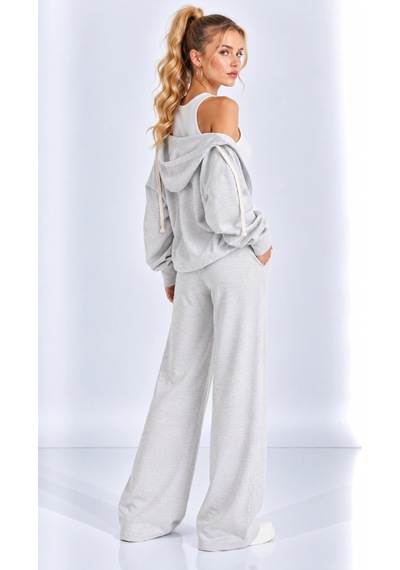 Mevese Kadın V Yaka Sweatshirt, Kolsuz Atlet Ve Yüksek Bel Wide Leg Pantolon Üçlü Spor Şık Takım- Gri Melan Gri Melanj
