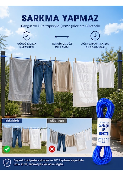 Beylini 2 Adet 10 Mt Polyester Çamaşır İpi Pvc Kaplama Sarkma Yapmaz Balkon Çamaşır Askılığı Çok Amaçlı Kurutma Mavi