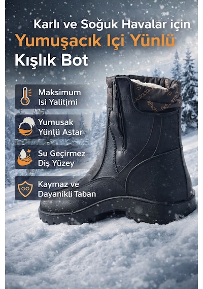 Erkek İçi Yünlü Astarlı Su Geçirmez Kışlık Günlük Kar Botu Siyah