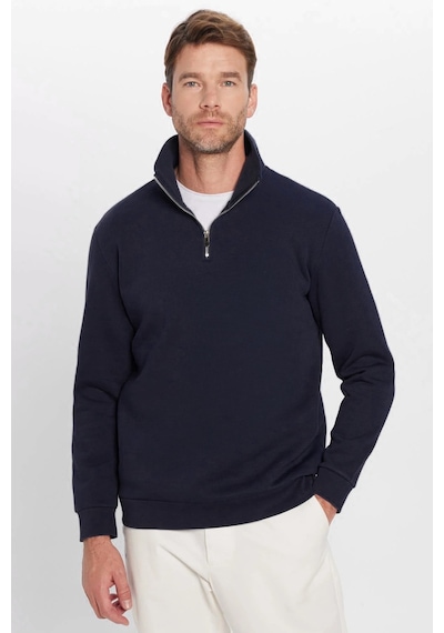 Tudors Unisex Relax Fit Rahat Kesim Pamuklu İçi Polarlı Yarım Fermuarlı Lacivert Dik Yaka Sweatshirt-32669 Lacivert