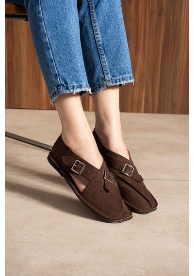Duxal Shoes Cooper İçi Hakiki Deri Süet Kadın Sandalet Tokalı Günlük Rahat Ayakkabı - Babet Acıkahve