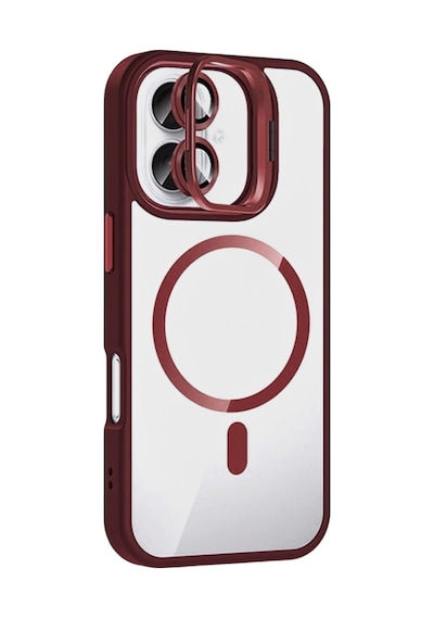 Apple iPhone  Uyumlu,  16 Plus Remim Lensli Magsafe Standlı Kapak - Bordo