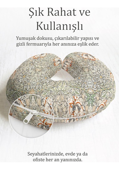 Vintage Çiçek Desenli Ergonomik Boyun Yastığı - Klasik Botanik Bej Turuncu Seyahat Yastığı Çok Renkli
