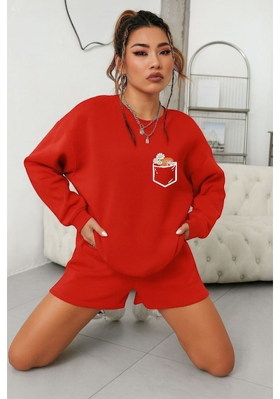 Benroma 3 İplik Penye Papatya Baskılı Unisex Sweatshırt Kırmızı