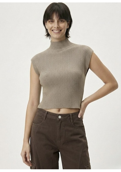 Neden Tekstil Kadın Yarım Balıkçı Yaka Fitilli Triko Kolsuz Crop Bluz - Bej