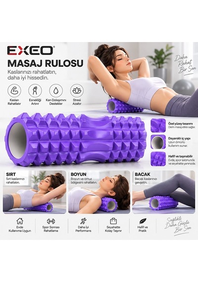Exeo Foam Roller 5 Li Masaj Egzersiz Seti Rulo Top Direnç Bandı Pilates Yoga Fitness Mor