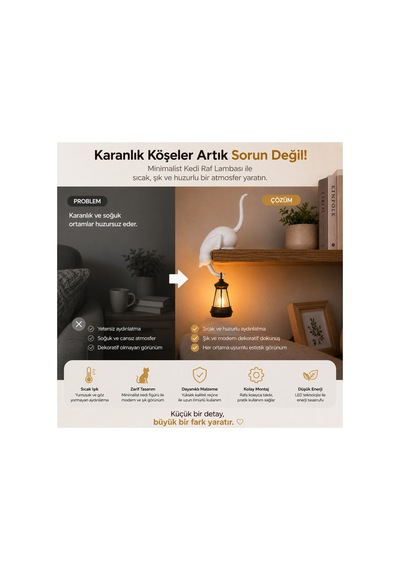Modern & Şık: Minimalist Kedi Tasarımlı Dekoratif Raf Lambası Gece Lambası -beyaz Siyah