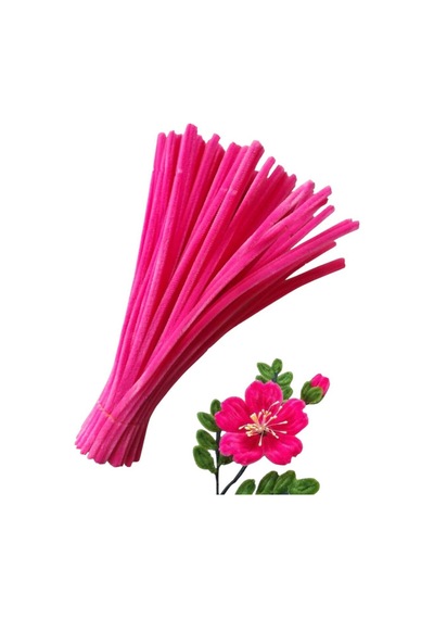 25 Adet Koyu Pembe Şönil, Çiçek Yapımına Uygun Tüylü Tel, 30 Cm 6 Mm