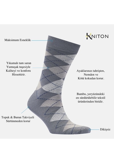 Dikişsiz Bambu Çorap Baklava Desenli Gri Renk Bambu Erkek Çorap Kutulu 5 Çift Premium Uzun Çorap Soket Çorap Bambu Mix