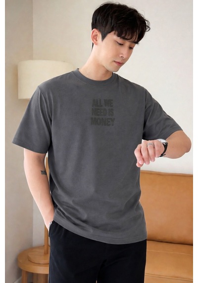 Tarz Cool Erkek Oversize Tişört Baskılı All We Need Is Money Yazılı Basic Streetwear T-shirt Gri