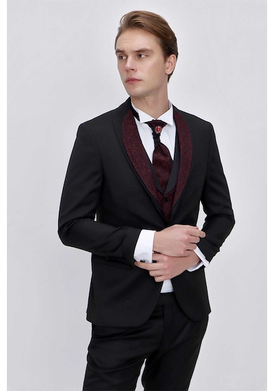 Morven Erkek Siyah Santos Çıkma Yaka Slim Fit Damatlık Siyah