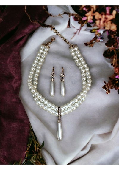 Kristal Taşlı İnci Sallantılı Tasma İnci Kolye Ve İnci Küpe Beyaz