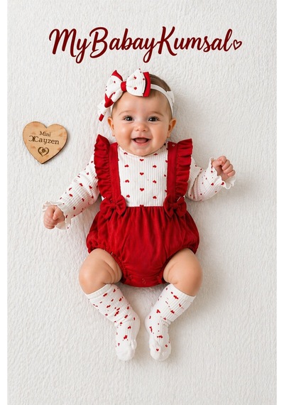 Cayzen Kız Bebek Kalpli Romper Bandana Çorap Aksesuarlı 2068 Kırmızı Kırmızı