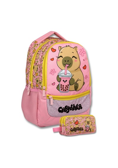 Pembe - Sarı Kız Çocuk Mutlu Capybara Baskılı İlkokul Çantası Ve Kalemlik Seti - Setcpb6206c Diğer