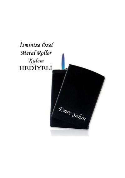 İsme Özel Metal Siyah Pürmüz Alevli Çakmak + Kalem li