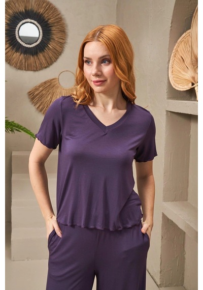Pjs 25109 Kadın V Yaka Kısa Kollu Bol Paçalı Pijama Takım Mor