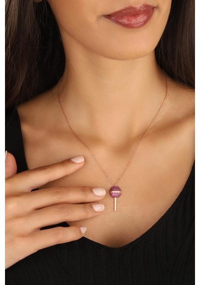 Pembe Taşlı Lolipop Şeker Gümüş Kolyesi Rose Gold