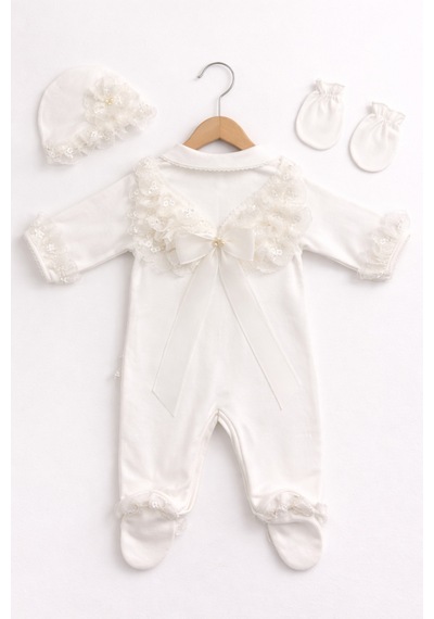 Kardeşler Bebe Dantelli Patikli Kız Bebek Tulum Ekru