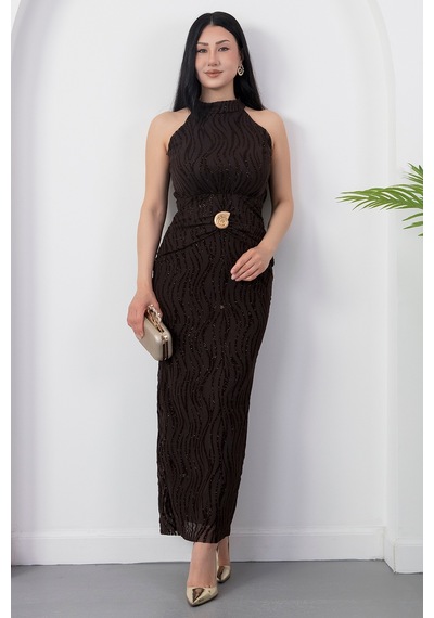 Kalopya Halter Yaka Beli Tokalı Bağlamalı Elbise Grs4023 Kahve