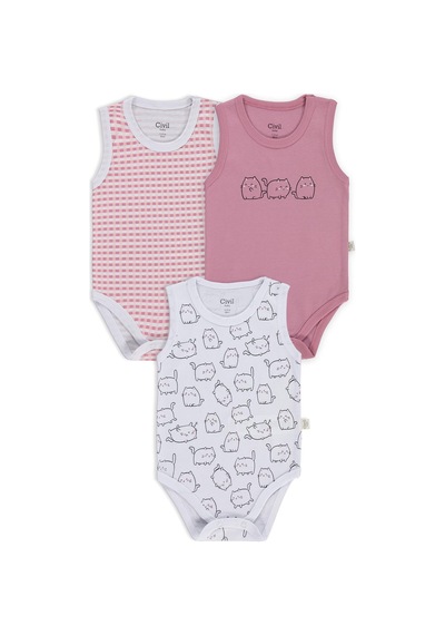 Civil Baby Kedi Empirmeli 3 Lü 0-36 Ay Çıtçıtlı Badi - Beyaz