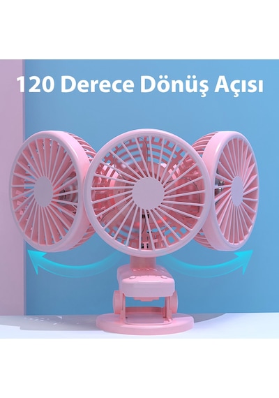 3 Kademe Şarjlı Mandallı 120 Taşınabilir Fan Vantilatör F02 Pembe