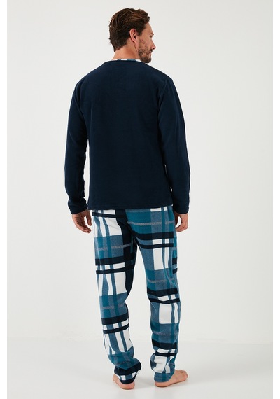 Buratti Ekoseli Regular Fit Düğmeli Bisiklet Yaka Kışlık Polar Erkek Pijama Takımı 60961008 Lacivert